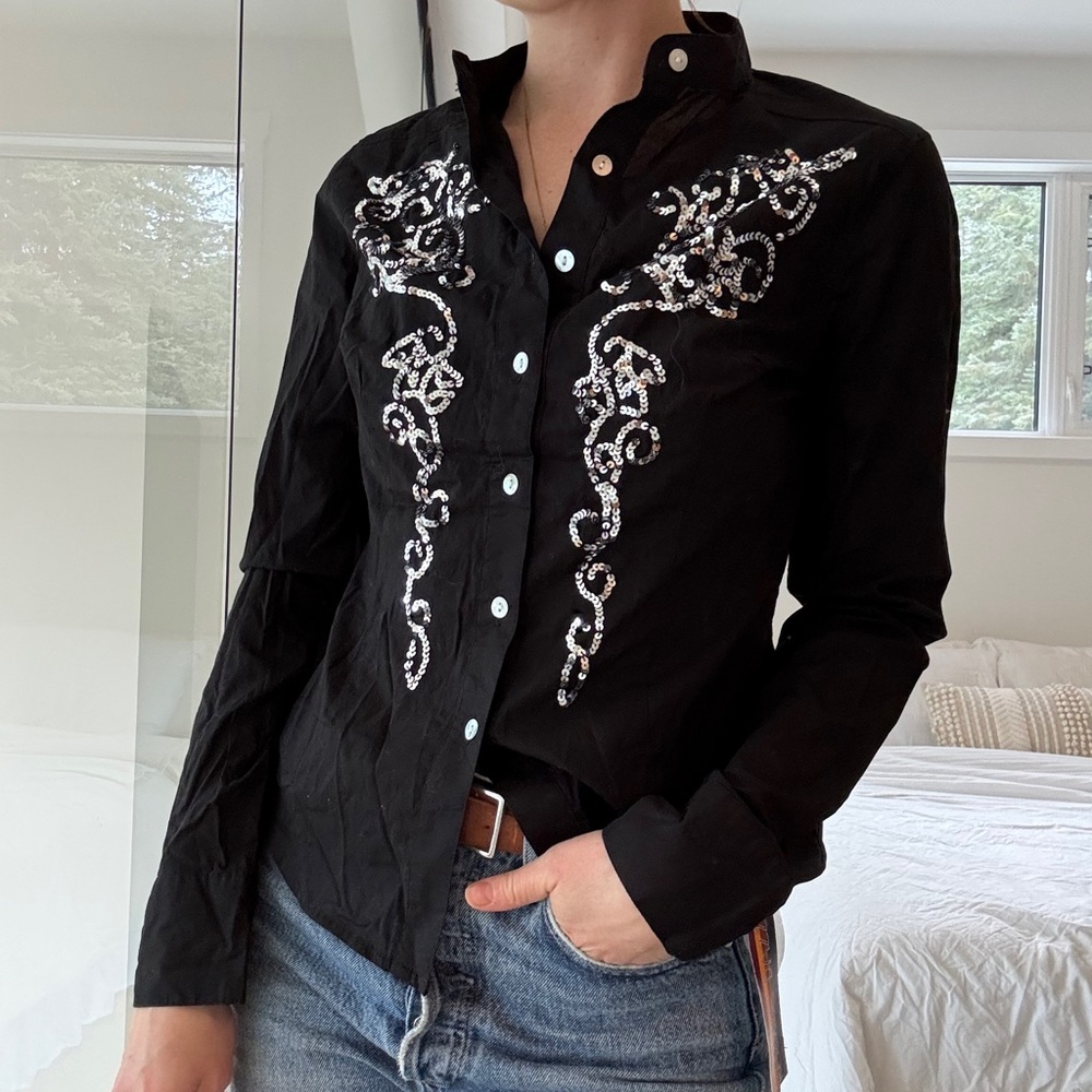 Vintage 100% cotton Black sequin Embroidered button down Shirt